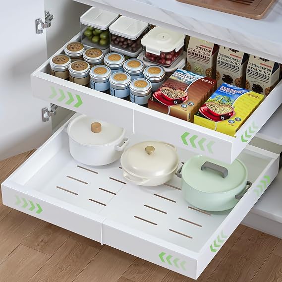 Pack of 2 Telescopic Drawers 32-52 cm Adjustable Width Extendable Drawers Extendable Cabinet Organiser with Rail System Versatile Kitchen Cabinet Pull-Out for Organiser (White 2 Pieces)