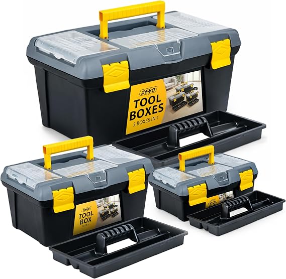 ZENO 3 Piece Plastic Toolbox Organiser Set | 10" 13" 16" Inch Tool Boxes Plastic Portable Tool Box Set | Tool Box Organiser with Extra Storage Tray for Home Tools | Nails and Pins | Utility Toolbox