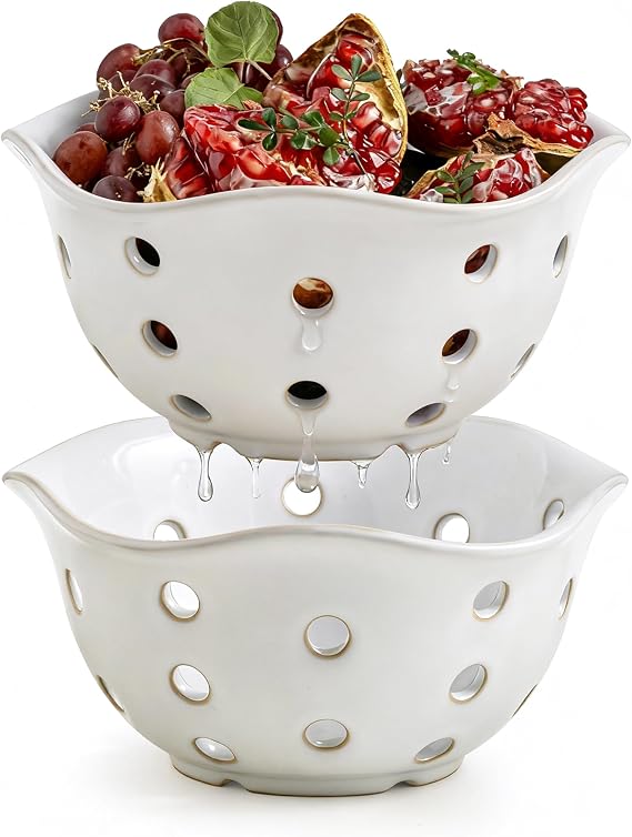Gomakren Fruit Basket, 7.6in Berry Bowls Colander with Holes Set of 2 White