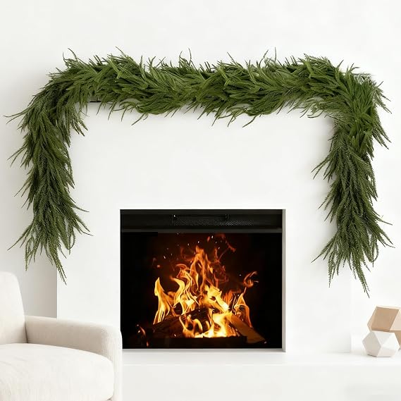 9FT Artificial Cedar Garlands, Realistic Greenery Garland, Green Artificial Greenery Garland for Mantle, Staircase, Banister, Fireplace, Wall, Door, Table, Indoor & Outdoor Holiday Xmas Decortions