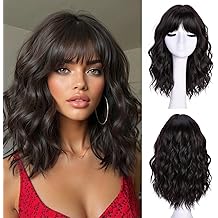 Short Wavy Wig with Bangs for Women Bob Wave Wigs for Black Women 18Inch Fashion Style Synthetic Heat Resistant for Daily Party Uses (Chocolate Brown)
