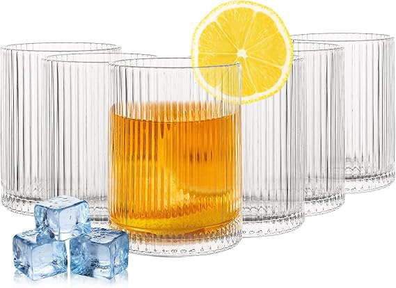 WOPPLXY Ribbed Drinking Glasses Set of 6, 280ml Vintage Origami Style Glassware Cup, Clear Drinking Glass Tumblers for Coffee, Soda, Cocktail, Juice