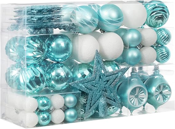 XmasExp Light Blue Christmas Ornaments Set 99pcs Assorted Christmas Tree Decorations Teal Bulk Christmas Ball Ornaments Shatterproof Xmas Decor for Tree, Home, Wedding, Party