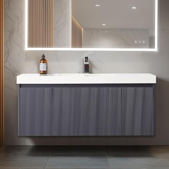 Blossom Luxury 48 Inch Floating Bathroom Vanity, Modern Wall Hung Vanity with Durable Acrylic Sink, Moisture Resistant Solid Wood Cabinet, Minimalist Navy Blue Storage Set for Master Bath Renovation