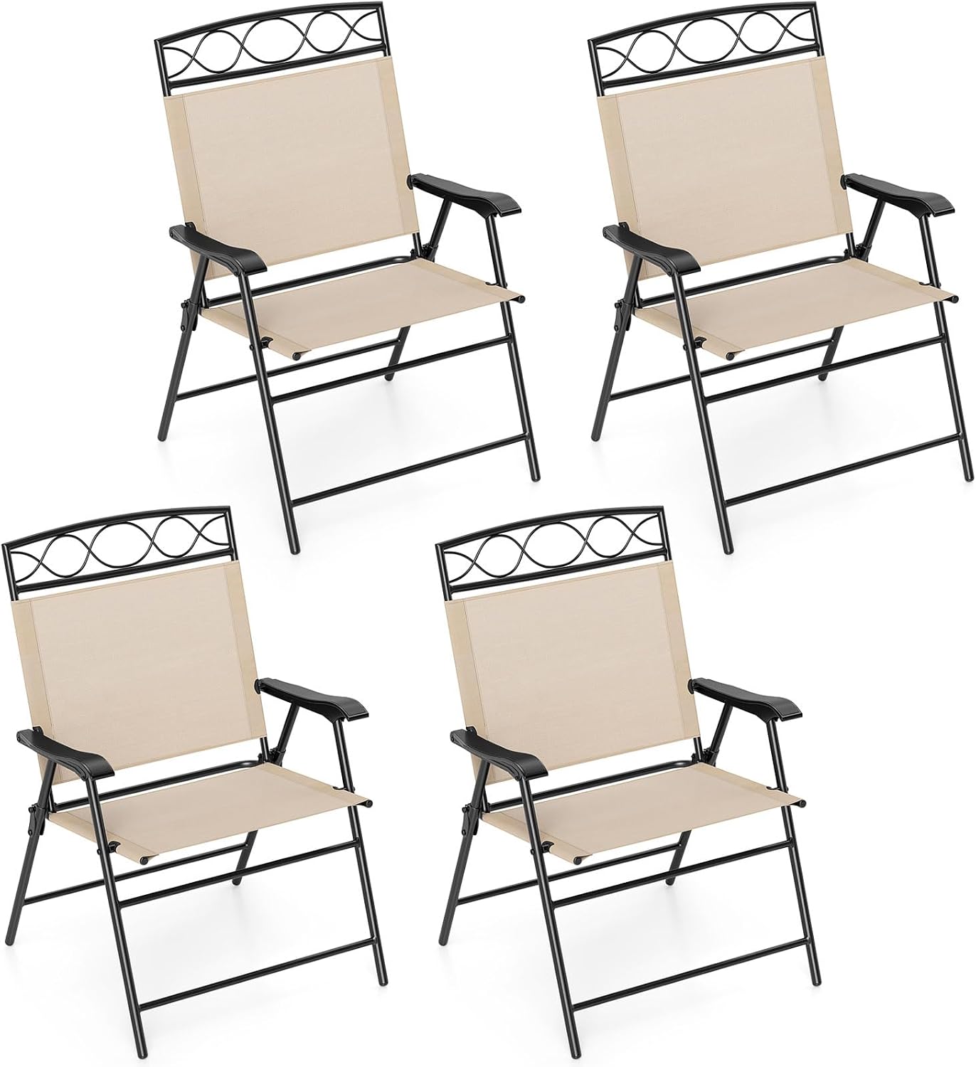 Goplus Folding Patio Chairs Set of 4, Outdoor Lawn Chairs with Armrests, Metal Frame and Backrest, Portable Dining Chairs for Deck, Backyard, Yard, Porch, Pool, Camping and Garden, Stackable