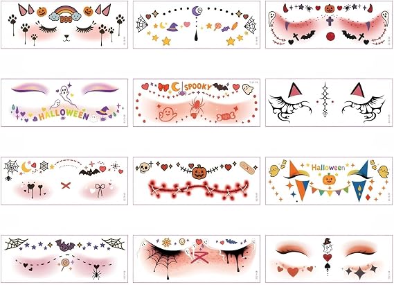 12 Sheets Halloween Face Temporary Tattoos for Girls