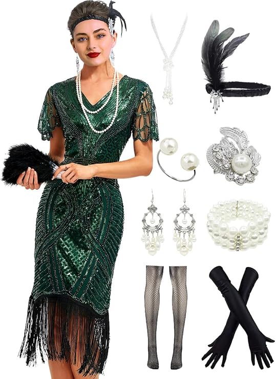 1920s Gatsby Inspired Sequin Beads Fringe Flapper Cocktail Roarings 20s Dress w/ 20s Headband Accessories Set