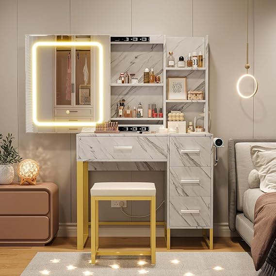 Modern Vanity Set With LED Lighted Mirror & USB Charging Station - White Dressing Table With 4 Drawers, 5 Storage Shelves, Cushioned Stool,Elegant Makeup Desk for Bedroom, Bathroom, Home Decor