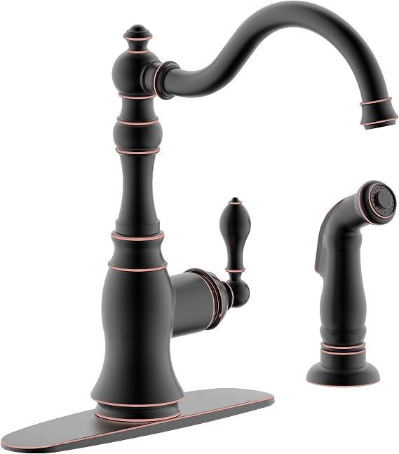 Oil Rubbed Bronze Kitchen Faucet with Side Spray, 8 Inch Single Handle Kitchen Sink Faucet with Deck Plate,2 Hole or 4 Hole Installation,Classic Style,KF-6832TB-ORB