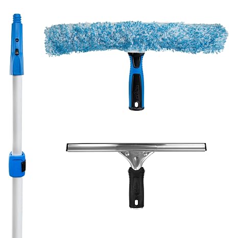 Unger Professional Connect and Clean Total Pro Cleaning Kit, All-in-One Household Window Washing with Streak-Free Results, Includes 12 Squeegee, 14 Scrubber Washer, Telescopic Pole Extends Up to 6