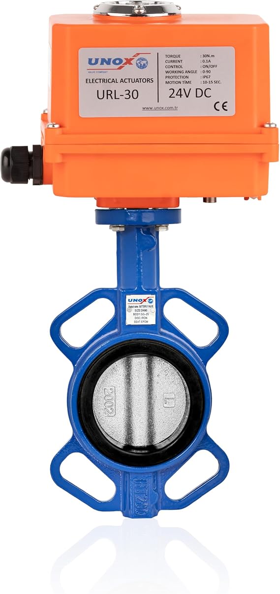UNOX Butterfly Valve DN40 (1-1/2") 24V DC Electric Actuator, Wafer Type Stainless Steel AISI304 Disc EPDM Seat GGG40.3 Body for Water & Air, Industrial Use
