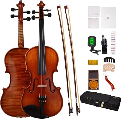 PHOENIX Violin 44 Full Size Set, Fiddle Solid Wood with Ironwood Octagonal Bow & Rosewood Bow Extra strings & Bridge, 2 Rosins, Tuner, Mute, Case European woods, Full