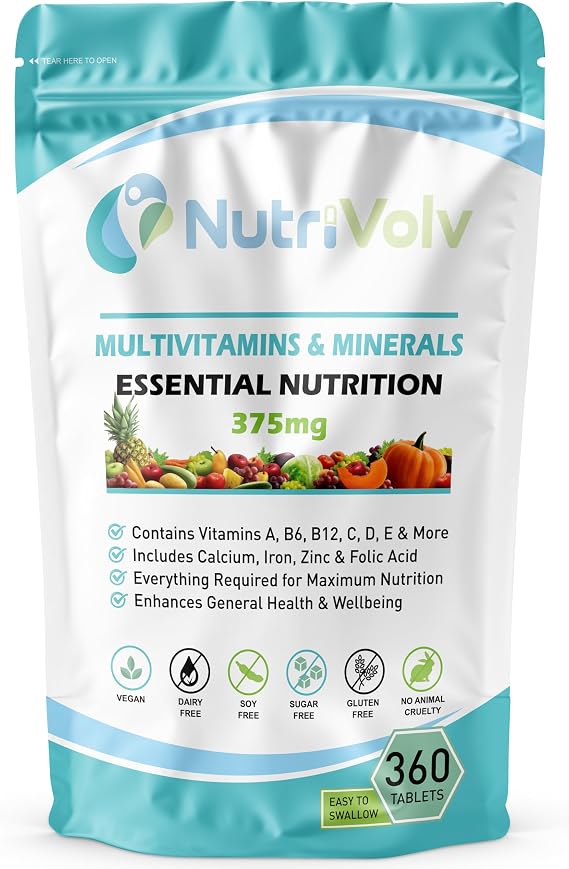 Multivitamin & Minerals | 360 Vegan Tablets | Vitamins A, B6, B12, C, D, E, Calcium, Iron, Zinc & Folic Acid | Immune, Energy & Wellbeing Support | 360 Days | UK Made | by NutriVolv