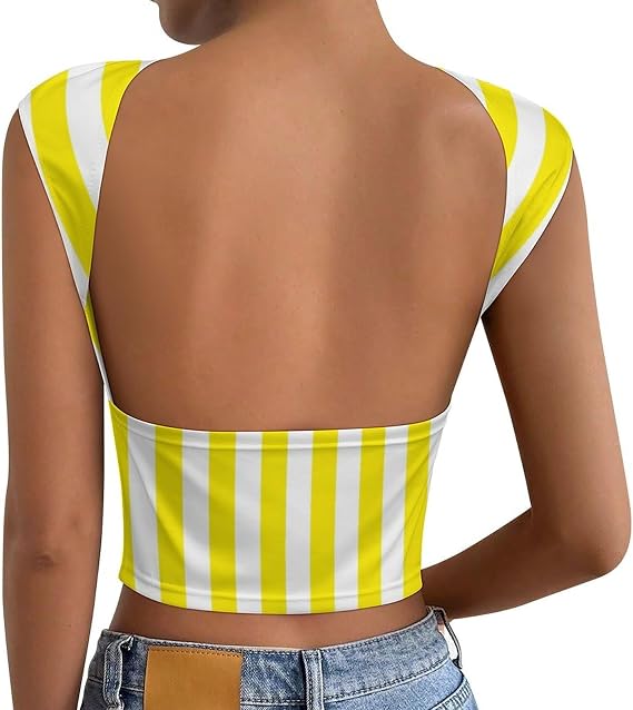 Stripes Womens Backless Short Sleeved T-Shirt Open Back Tops Slim Fit Crop Tee Shirt