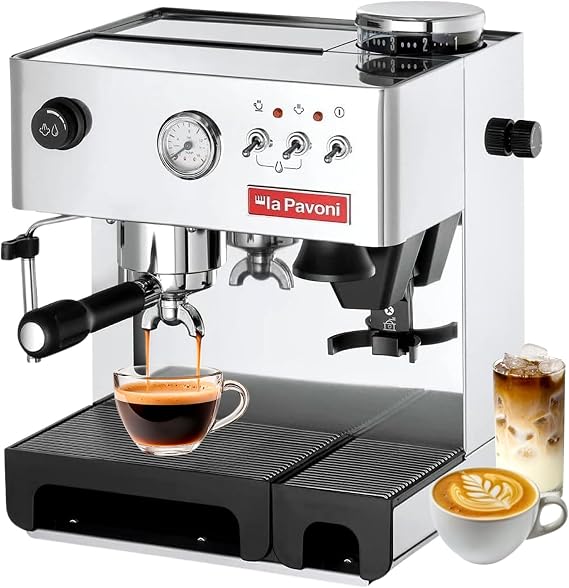 La Pavoni Domus Bar Espresso/Cappuccino Machine - Built-in Conical Burr Grinder with 7 Settings - Stainless Steel Body - 2.7L Water Reservoir - Turbo Steam Wand & Marine Brass Boiler - Made in Italy