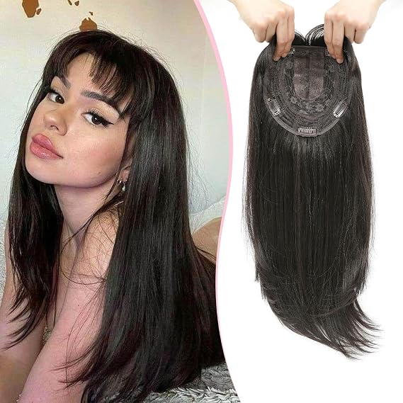Hair Topper Long 18 Inch for Women with Thinning Hair 6.5"X6.5" Big Base Cover Clip in Synthetic Fiber Wiglets with Fringe (Dark Brown)