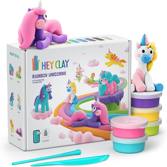 Hey Clay 15 Cans Set - Colorful Modeling Kids Air-Dry Clay 15 Cans with Sculpting Tools and Fun Interactive Instructions for Children Age 3+ (Rainbow Unicorns)