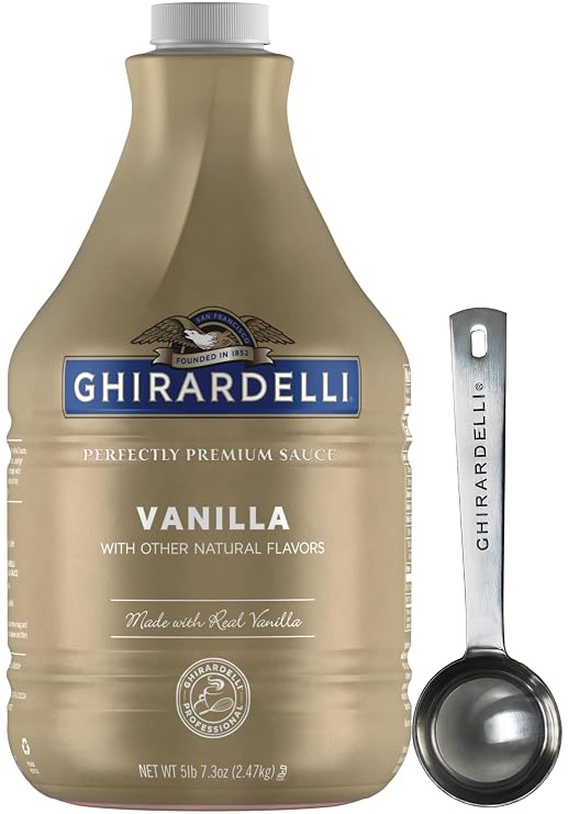Ghirardelli Vanilla Sauce 87.3 Ounce Bottle with Ghirardelli Stamped Barista Spoon