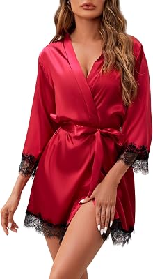 Womens Silk Robe Short Sexy Lace Bride Party Satin Bathrobe Kimono Sleepwear