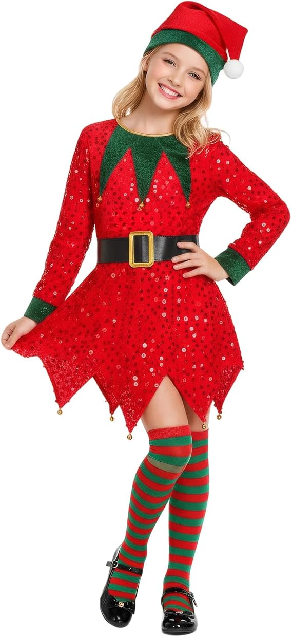 Girls Elf Costume Set Christmas Elf Dress Xmas Holiday Party Dress Outfit