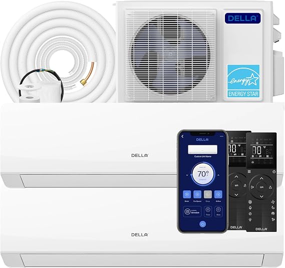 DELLA 18K BTU 2 Zone 12000 12000 BTU Mini Split AC & Heat Pump, Energy Star 22 SEER2 Inverter 230V Ductless AC System for Rooms up to 1100 Sq.Ft, WiFi & Voice Control, Pre-Charged,16.4ft Install Kit