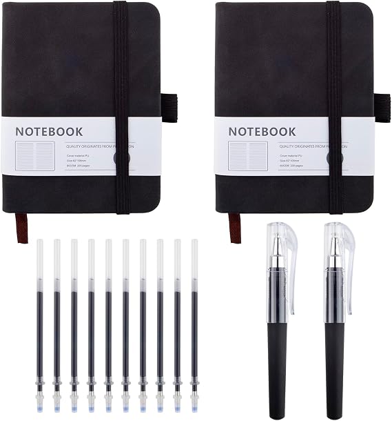 2PCS A7 Pocket Notebook Set with 2 Pens and 10 Refills, Black Mini PU Leather Notebooks for Work, Travel, Study, and Journaling
