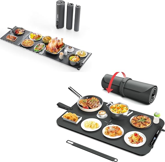 Expandable Food Warming Mat and 27.5x16'' Electric Warming Tray with 7 Temp-Settings, Switchable Fahrenheit/Celsius, 99h Timer, Foldable Food Warmer