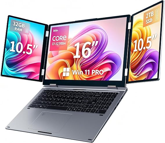 Triple Screen Laptop, 16" Main + Dual 10.5" Monitors, Core i7-12700H (Gray)