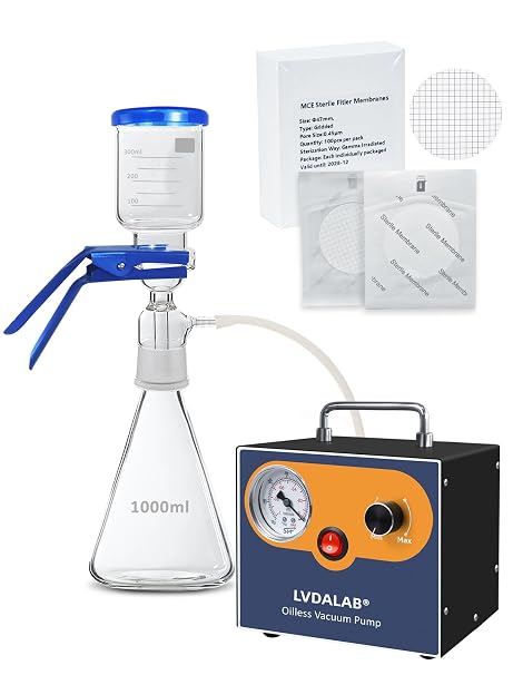 1000ml Lab Vacuum Filtration Kit: 15L/min Oil-Free Diaphragm Pump, Borosilicate Glass Flask Assembly and 100-Pack 0.45m Sterile MCE Filters