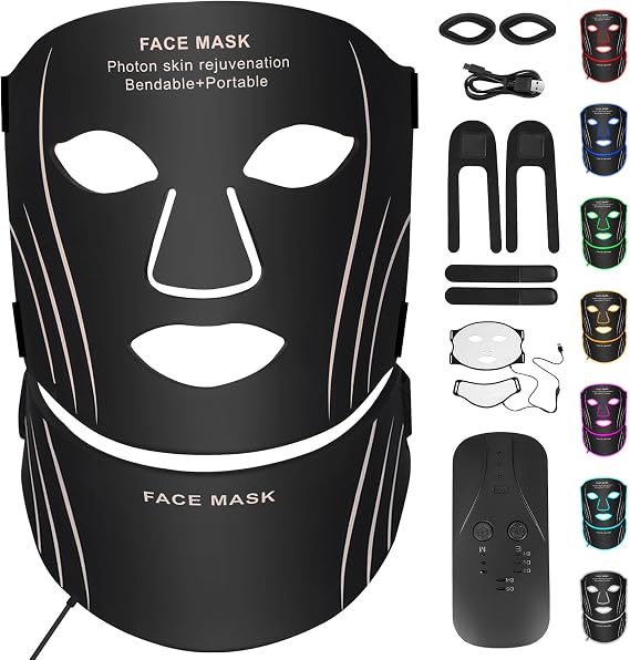 LED Light Therapy Face & Neck Mask, Led Face Light Therapy Mask with 7 Colors, Silicone Facial Mask for Skin Care, Skin Tightening Anti-Aging, Home Skincare