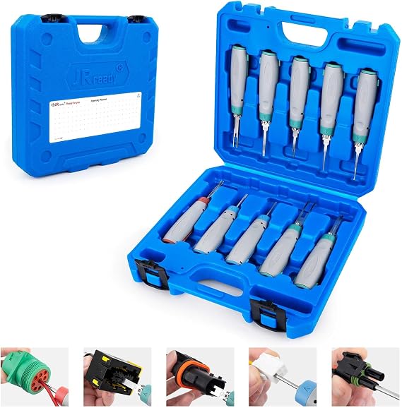 JRready 10Pcs Terminal Removal Tool Kit Depinning & Release Tool for Deutsch, TE, AMP, Delphi, Aptiv Connectors Automotive, Industrial, Agricultural Equipment Repair