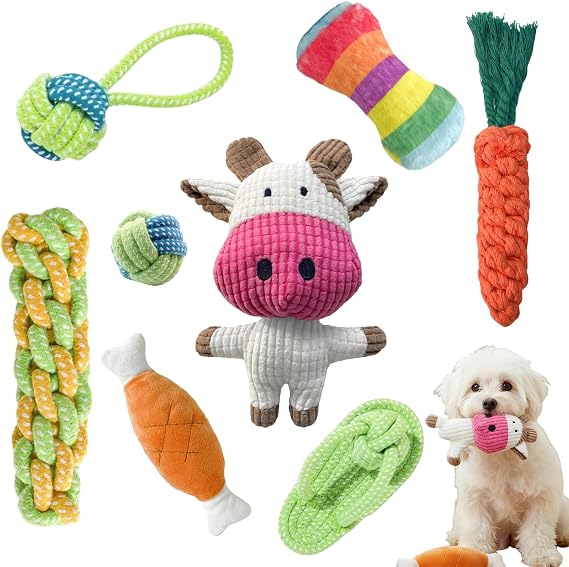 Dog Toy Set for Small Dogs & Puppies 8-Piece Puppy Toy with Squeaky Toy & Cotton Chew Toy 3 Plush + 5 Ropes Robust & Washable - Dog Accessories & Dog Gifts
