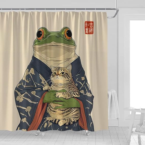 Funny Frog Cat Shower Curtain, Retro Japanese Style, 70 x 70 | Vintage Asian Wildlife, Abstract Art, Fabric Bathroom Decor Curtains with Hooks