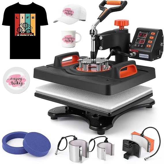 Heat Press Machine 6-in-1, 12 X 15 inch, 6 in 1 Heat Press, 800W Sublimation Machine, 360 Rotation Swing-Away Heat Press, Dual-Tube Heating Printing for DIY T-Shirts Cap Mugs