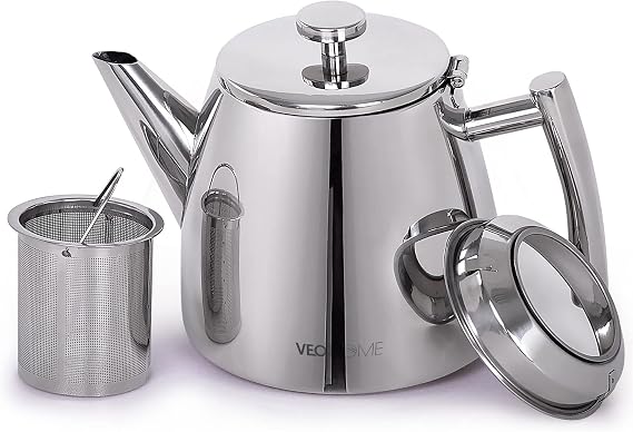 VeoHome Stainless Steel Tea Pot with Infuser - Keeps Heat Thanks to its Double Wall, Silver (0.5 Liter (17 oz))...