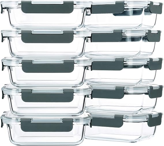M MCIRCO 10 Pack,22 oz Glass Food Storage Containers with lids, Gray