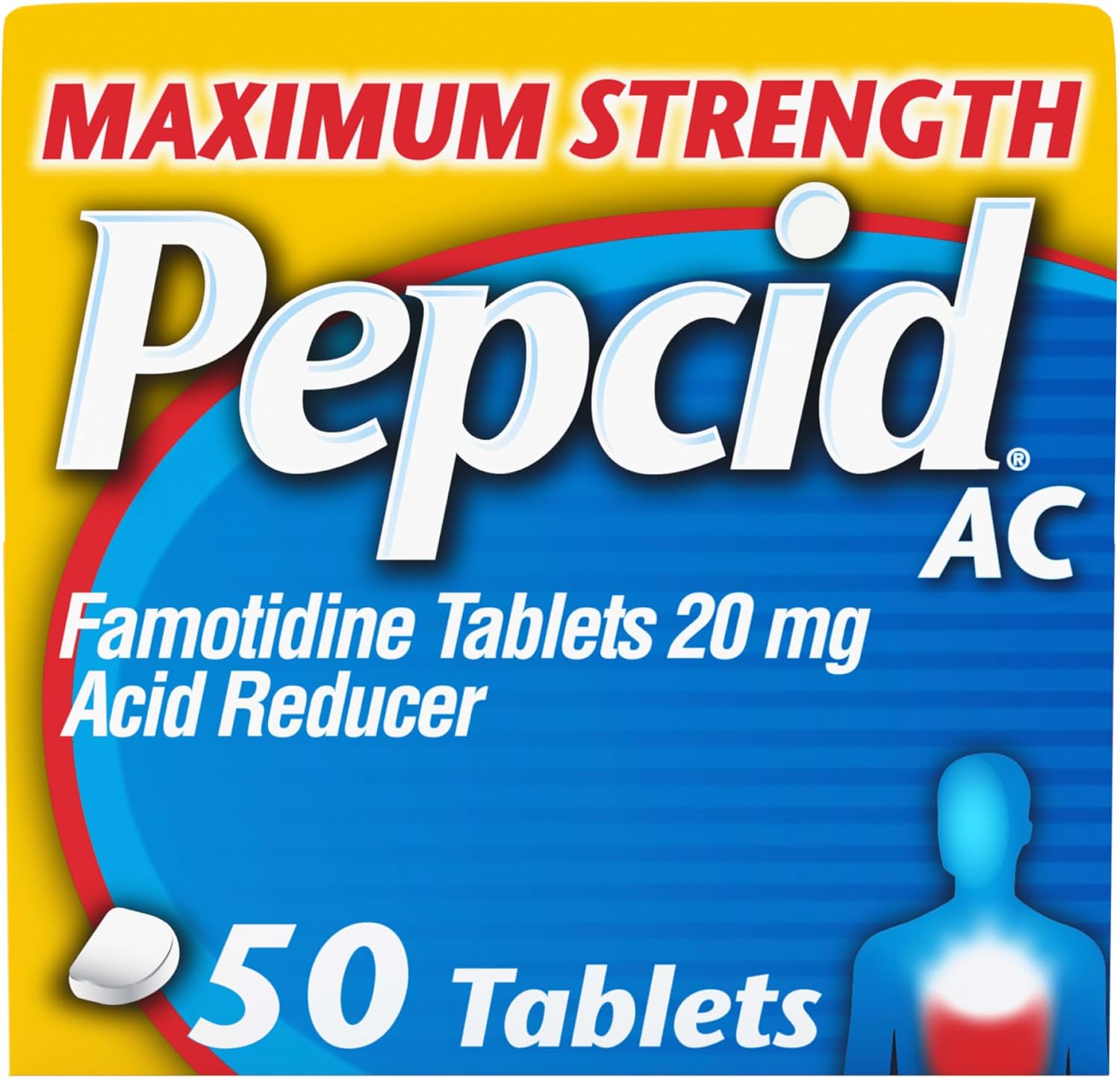 Pepcid AC Maximum Strength Heartburn Relief Tablets, OTC Medicine Prevents & Relieves Heartburn Due to Acid Indigestion & Sour Stomach, 20mg Famotidine Acid Reducer, Fast-Acting, 50 ct
