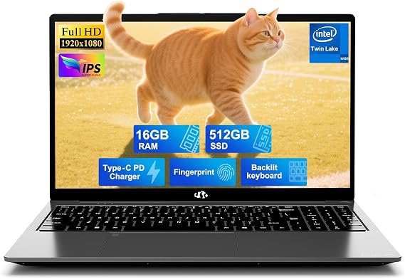 NIMO 15.6" IPS FHD-Student-Laptop, 16GB RAM 512GB SSD Intel N150(Beat i3-10110U, Up to 3.6GHz) Computer with 65W Type-C, Fingerprint, Backlit Keyboard, Wi-Fi 6, BT5.2, for Business and Home