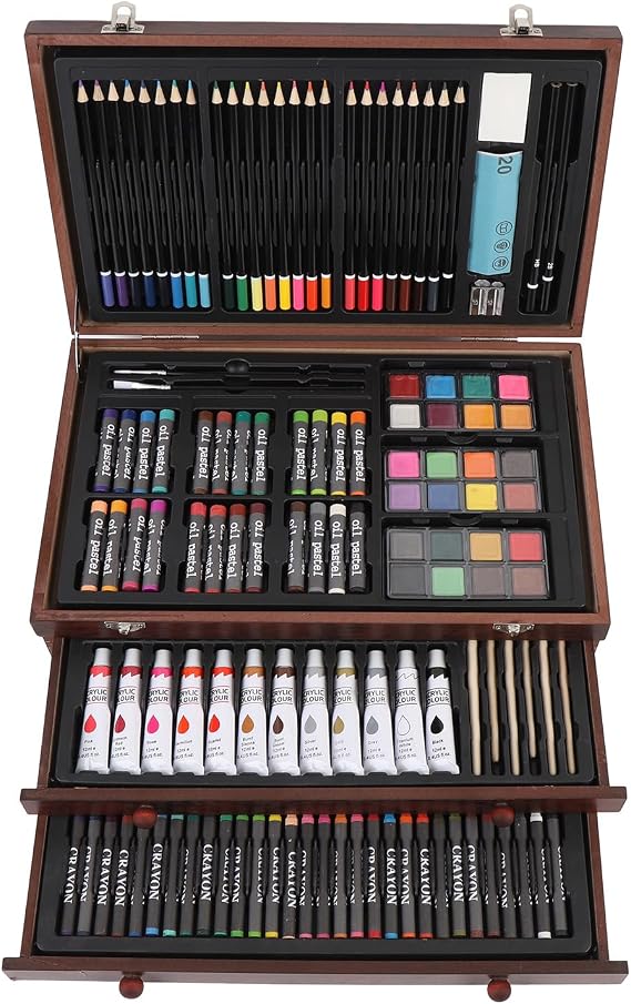 Deluxe Professional Color Set,145 Pcs Crafts Drawing Painting Kit with Colored Pencils Oil Pastels Watercolor Cakes Sketching Pencils Wooden Box Art Supplies Case