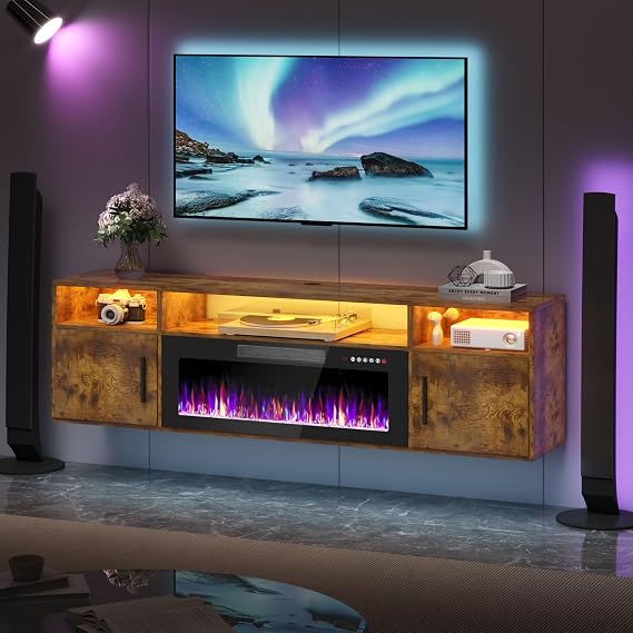 PRETZI Floating Fireplace TV Stand, Wall Mounted TV Console for Living Room | 70" Wall Mounted Entertainment Center with 36" Fireplace for 80" TVs, Adjustable LED, Modern Wood High Gloss Cabinet, Brown