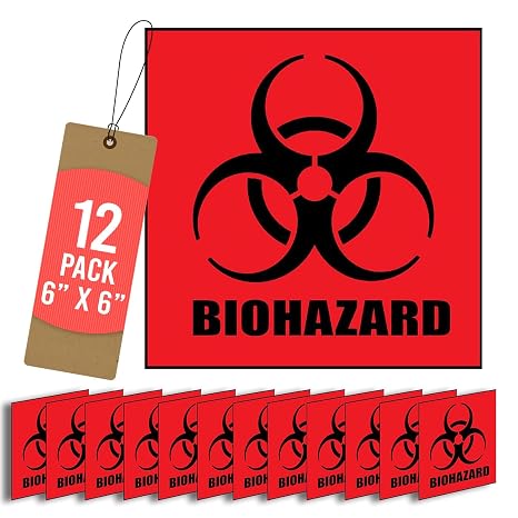 Biohazard Warning Label, 6" x 6", Pack of 12 Labels, Coated Paper, Red-Orange Universal Biohazard Symbol Sticker for Hospital and Industrial Use, Self-Adhesive