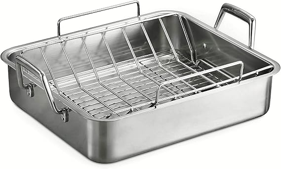 Tramontina 16.5-Inch Stainless Steel Deep Roasting Pan with Rack | Includes Basting Grill and V-Rack, Turkey Roaster for Oven, Dishwasher Safe, Made in Brazil