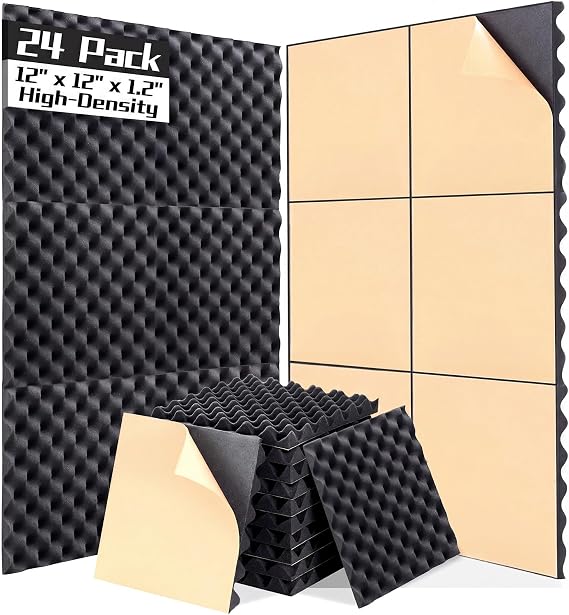 24 Pack Egg-Crate Acoustic Foam High Density Soundproof Panels 12x12x1.2 Inches Sound Proofing Panels Acoustic Foam Wall Panels for Studio, Home, Office & Gaming Room Black