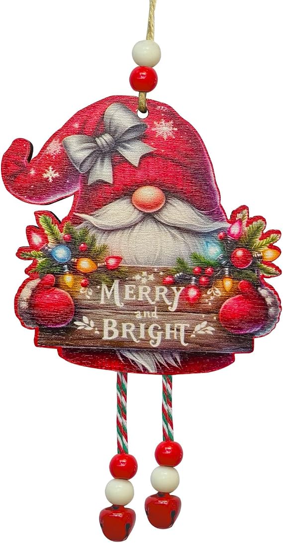 Cute Gnome Christmas Ornaments Decoration Wooden Gnome with Bells Design Hanging Christmas Tree Decor for Holiday Outdoor Indoor Party Supplies