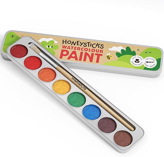 Honeysticks Non-Toxic Watercolor Paint Set for Kids and Toddlers - 8 Vibrant and Long Lasting Colors with Brush - Natural and Food Grade Ingredients - Child Safe Art Supplies - Great Gift Idea