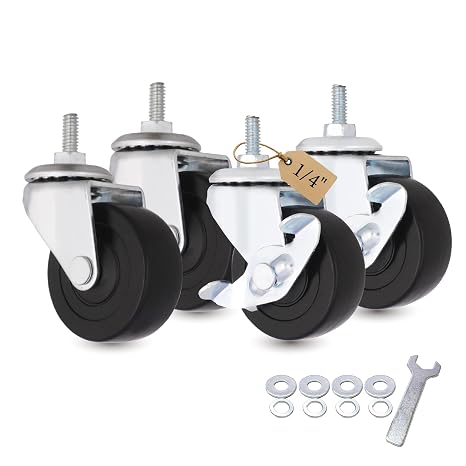 AXL 2" Caster Wheels, 1/4"-20 x 15mm Threaded Stem Casters with Brake, Standard US Coarse Thread, Quiet Rolling PVC Swivel Wheels for Furniture & Rolling Cart (4 Pack)