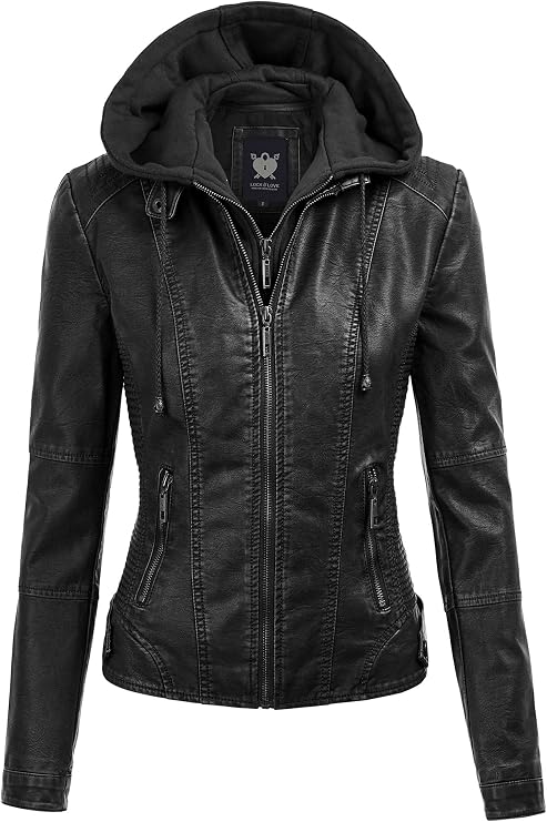 Lock and Love Women's Faux Leather Moto Biker Jacket Coat with Removable or Non-Removable Hood