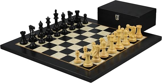 Ebony Chess Set 20 Inch With Helena Mother of Pearl Flat Board and Weighted Ebonised Executive Staunton Chess Pieces 3.75 Inch