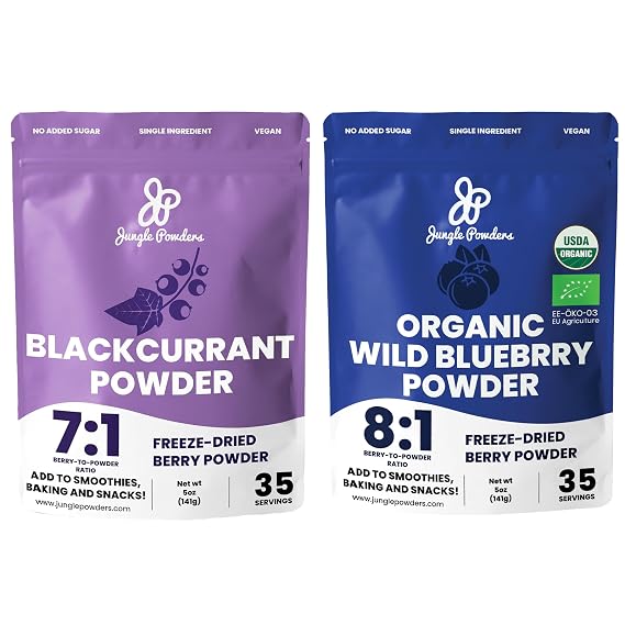 Jungle Powders Wild Blueberry Powder Organic Black Currant Powder Bundle, USDA Certified Freeze Dried Organic Blueberries Powder for Baking Smoothies, Filler Free Superfood Extract from Whole Berries