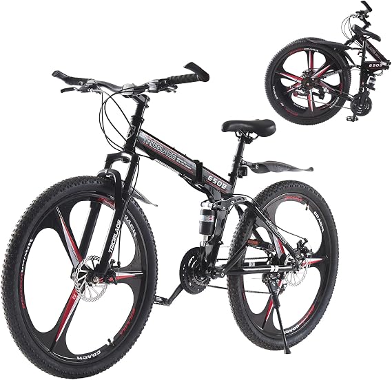 BSTSEL 27.5" inch Folding Mountain Bike 21 Speed Dual Suspension Mountain Bike Double Disc Brake Bicycle 3-Spoke 10-Spoke Wheels for Unisex Adult Mens Bike